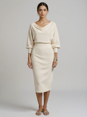 Judith | Draped Batwing Long Sleeve Wedding Guest Dress - Beige / XS(2)