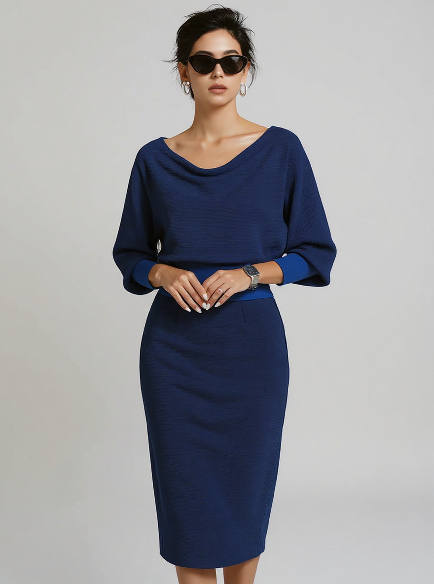 Judith | Draped Batwing Long Sleeve Wedding Guest Dress - Navy Blue / XS(2)