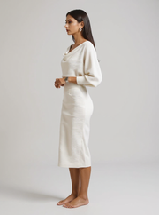 Judith | Draped Batwing Long Sleeve Wedding Guest Dress - Side Profile