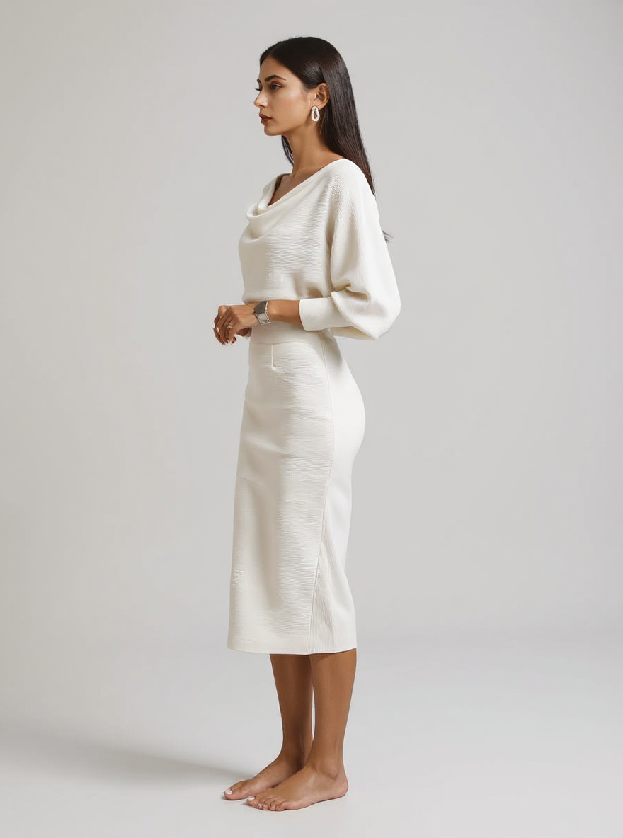 Judith | Draped Batwing Long Sleeve Wedding Guest Dress - Side Profile