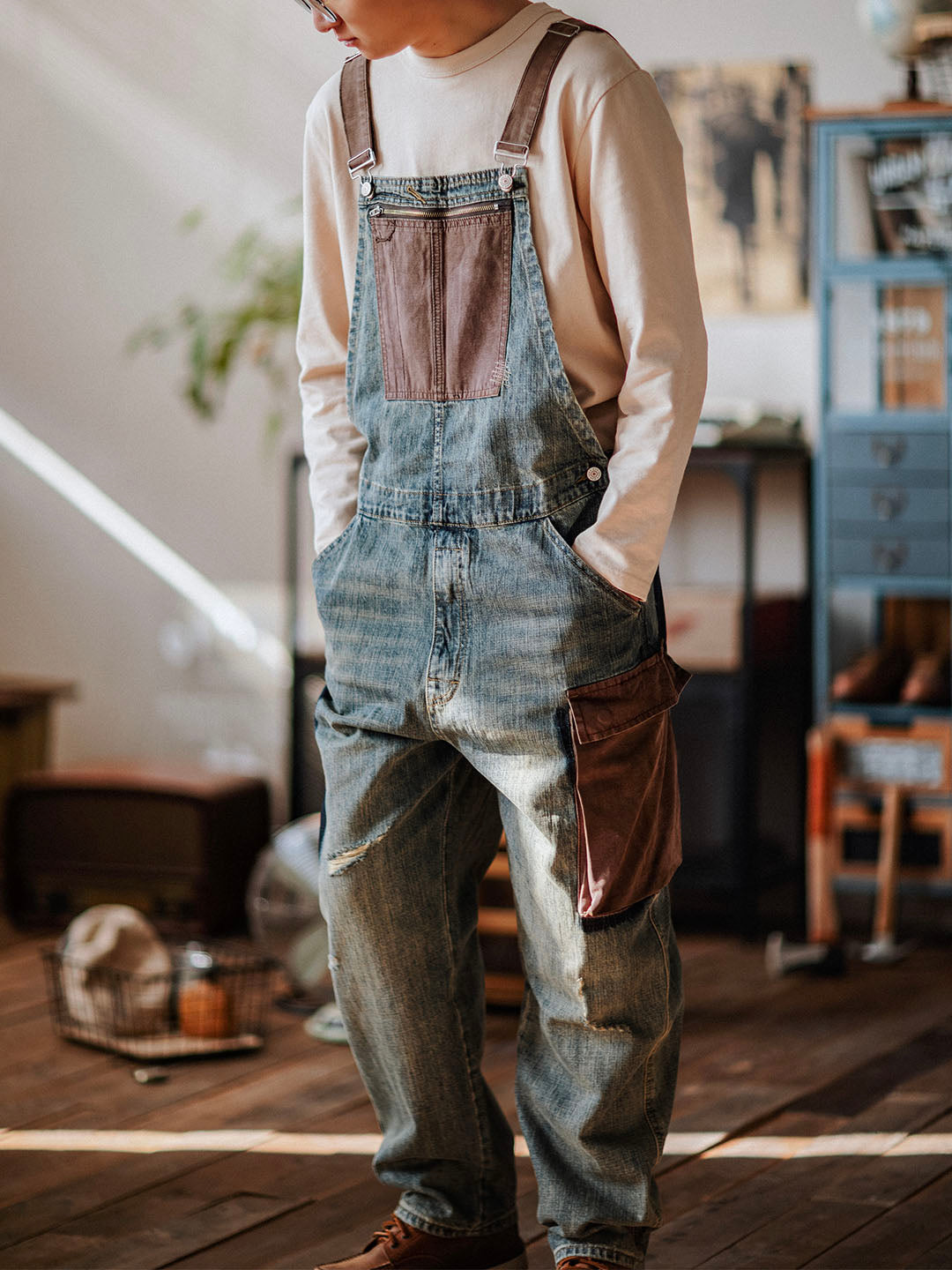 Justin | Relaxed Fit Contrast Denim Overalls
