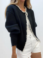 Justine | Relaxed Fit Pearl Trim Holiday Cardigan