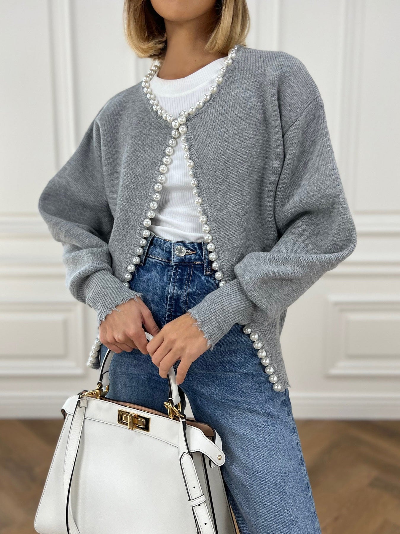 Justine | Relaxed Fit Pearl Trim Holiday Cardigan