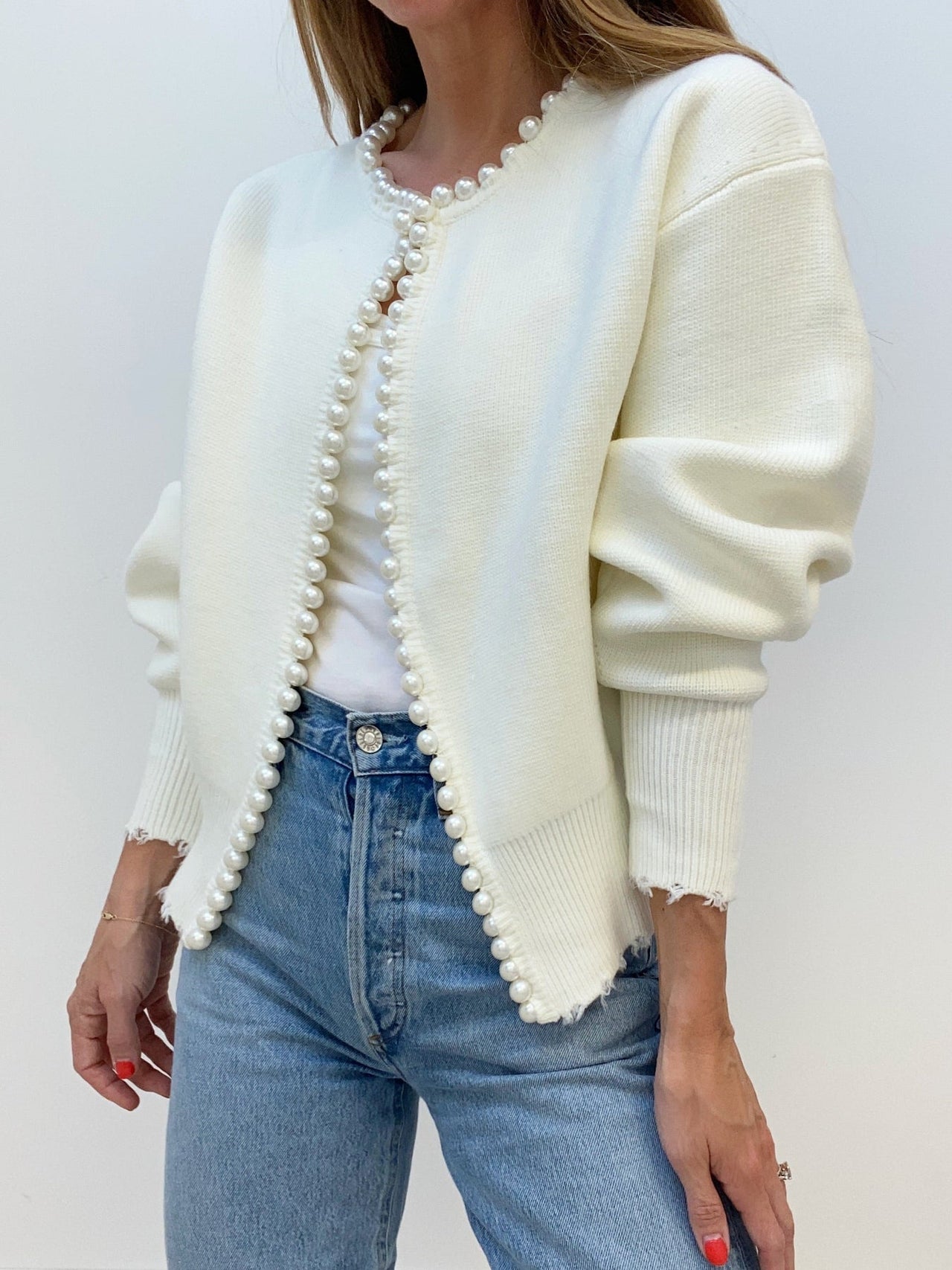 Justine | Relaxed Fit Pearl Trim Holiday Cardigan