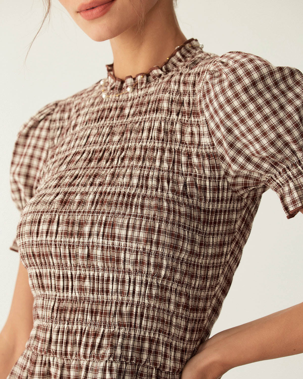 Maria | Puffed Sleeve Coffee Gingham Ladies Day Mini Dress