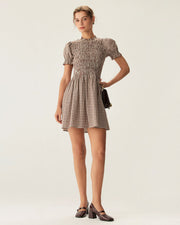 Maria | Puffed Sleeve Coffee Gingham Ladies Day Mini Dress