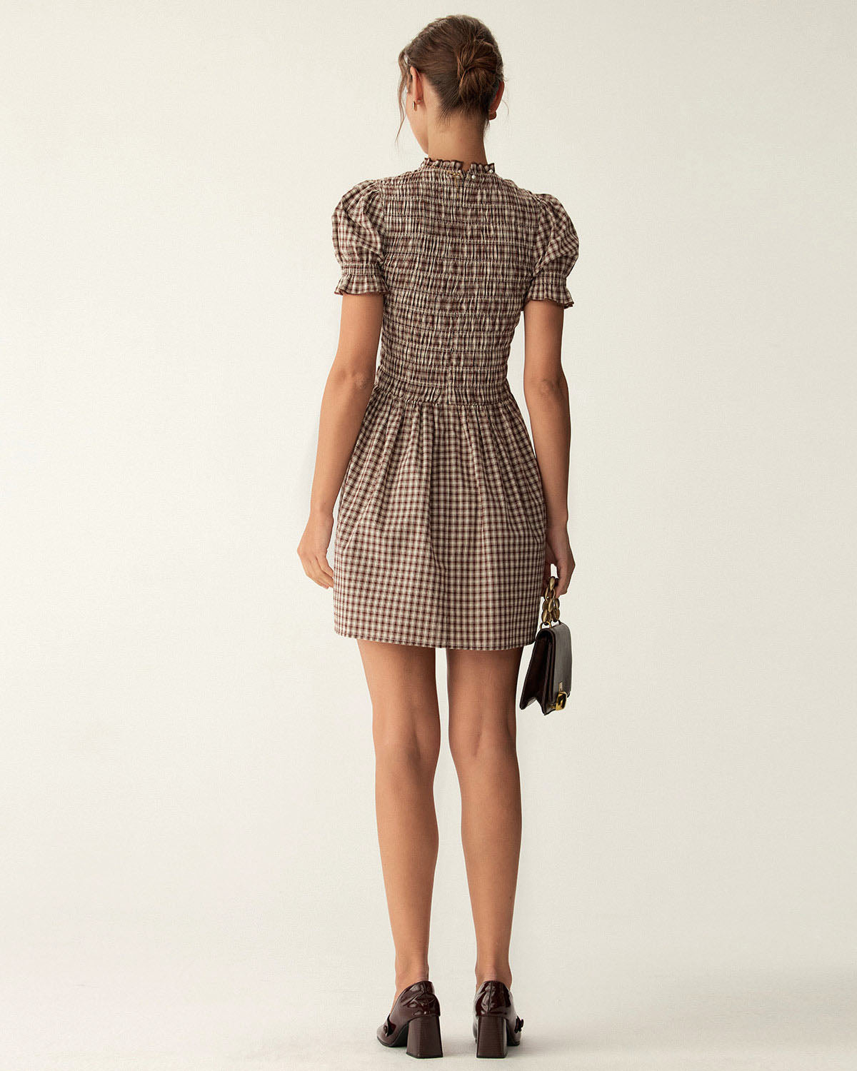 Maria | Puffed Sleeve Coffee Gingham Ladies Day Mini Dress