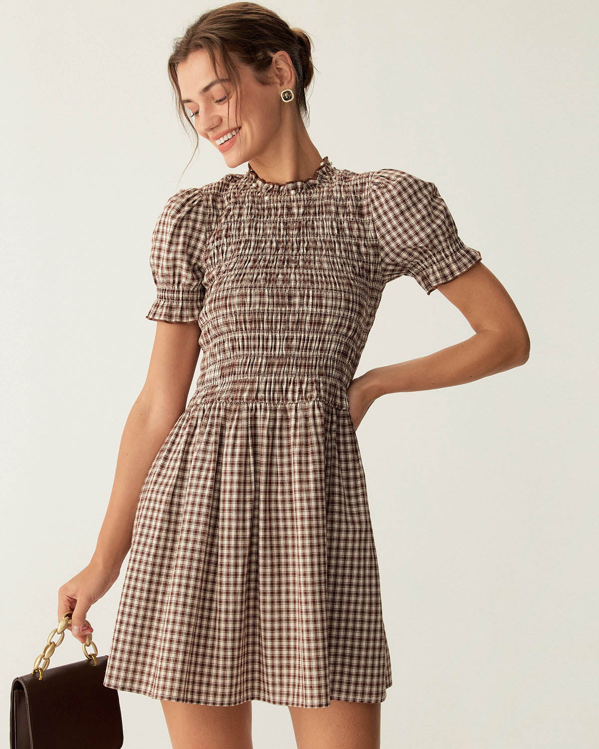 Maria | Puffed Sleeve Coffee Gingham Ladies Day Mini Dress