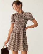 Maria | Puffed Sleeve Coffee Gingham Ladies Day Mini Dress