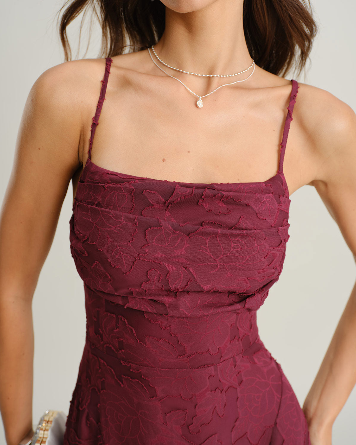 Milana | Fitted Wine Red Jacquard Bridesmaid Dress Maxi
