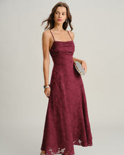 Milana | Fitted Wine Red Jacquard Bridesmaid Dress Maxi