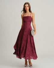 Milana | Fitted Wine Red Jacquard Bridesmaid Dress Maxi