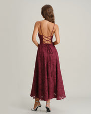 Milana | Fitted Wine Red Jacquard Bridesmaid Dress Maxi
