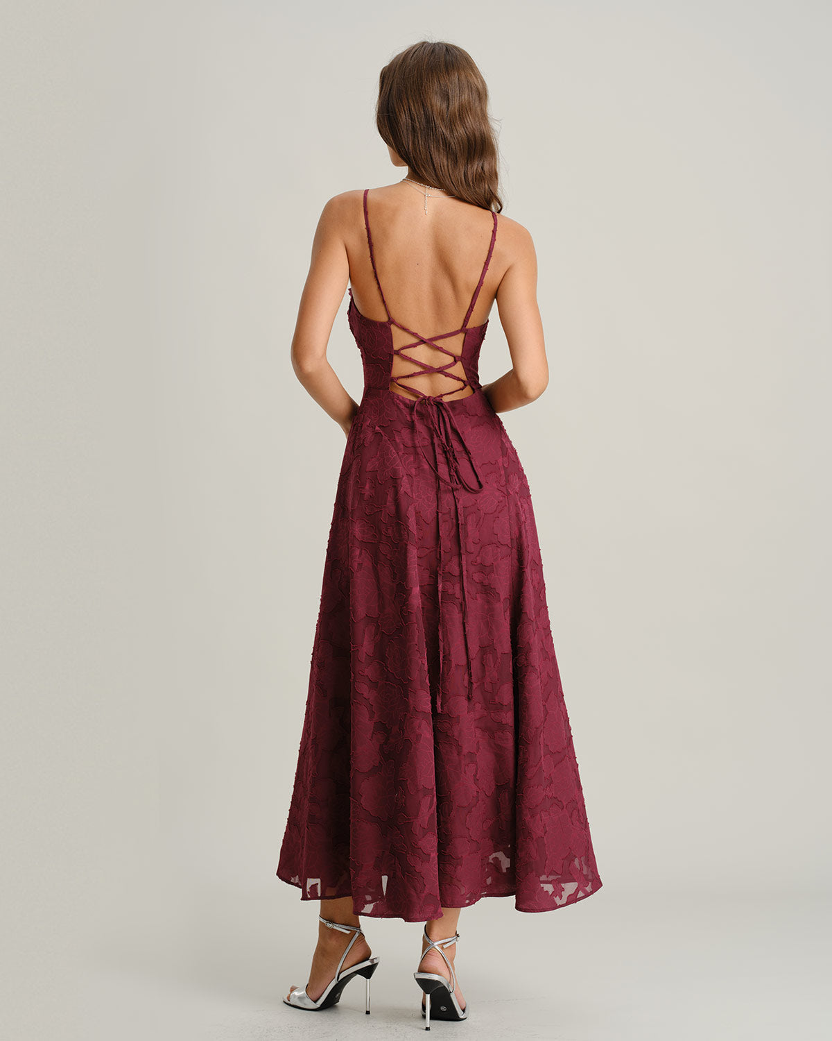 Milana | Fitted Wine Red Jacquard Bridesmaid Dress Maxi