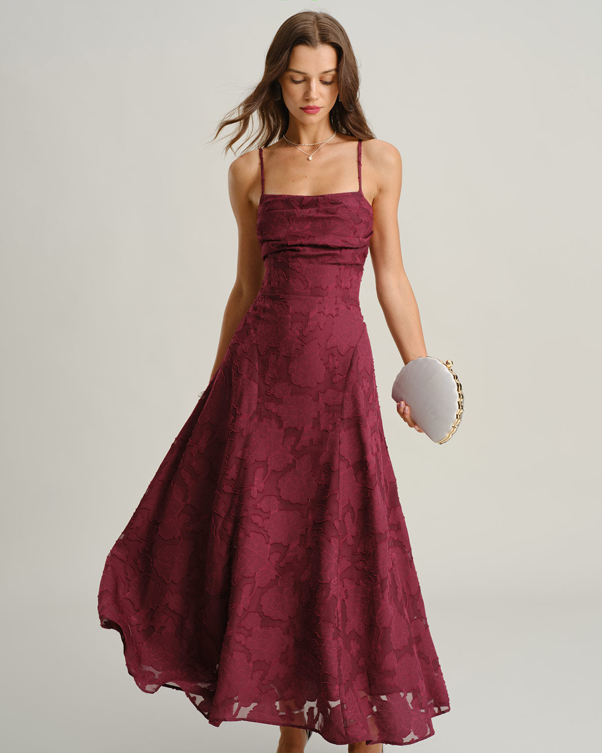 Milana | Fitted Wine Red Jacquard Bridesmaid Dress Maxi
