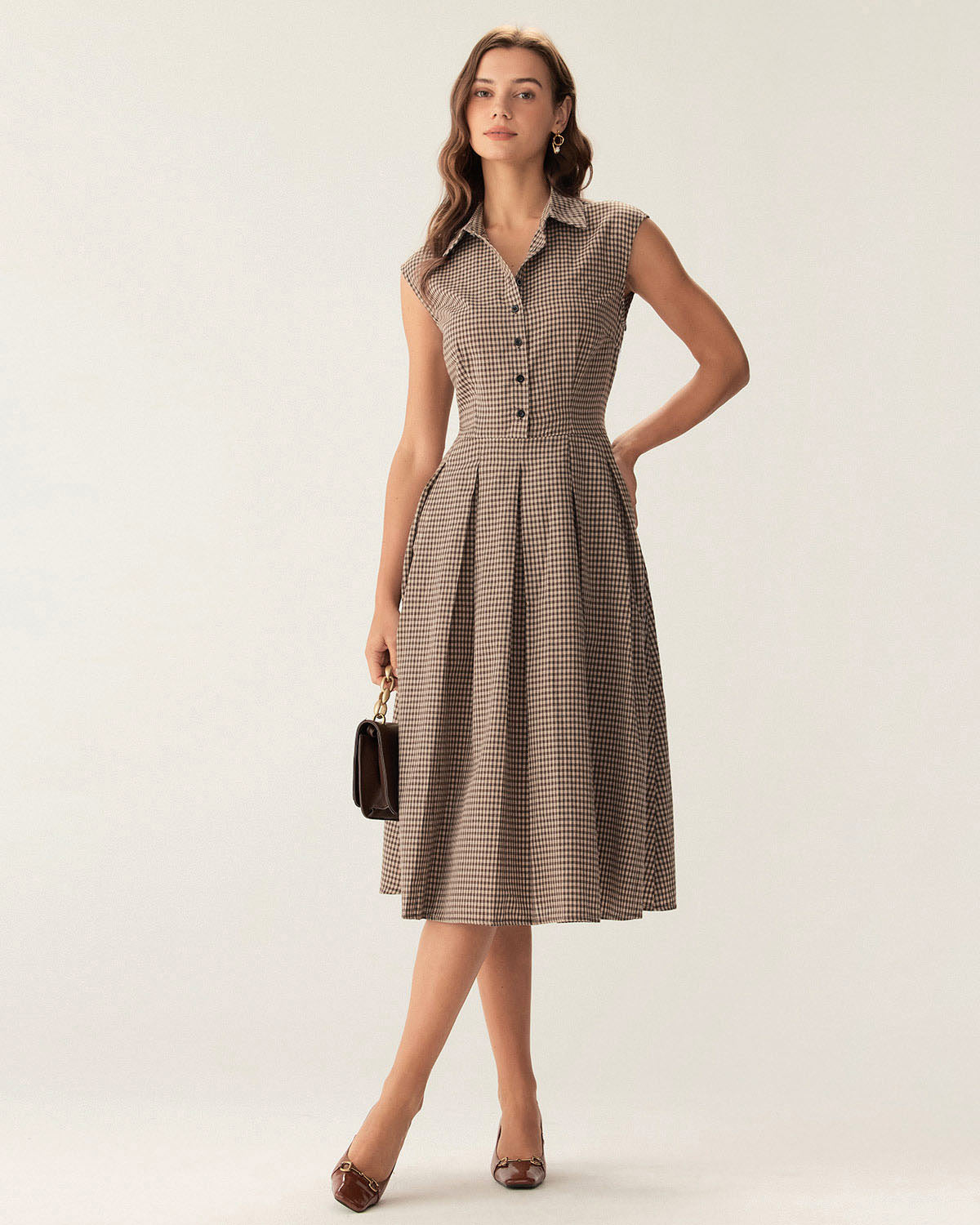 Noelle | Pleated Fit Brown Plaid Ladies Day Midi Dress