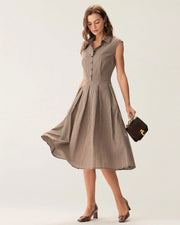 Noelle | Pleated Fit Brown Plaid Ladies Day Midi Dress