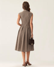 Noelle | Pleated Fit Brown Plaid Ladies Day Midi Dress