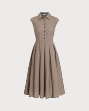 Noelle | Pleated Fit Brown Plaid Ladies Day Midi Dress
