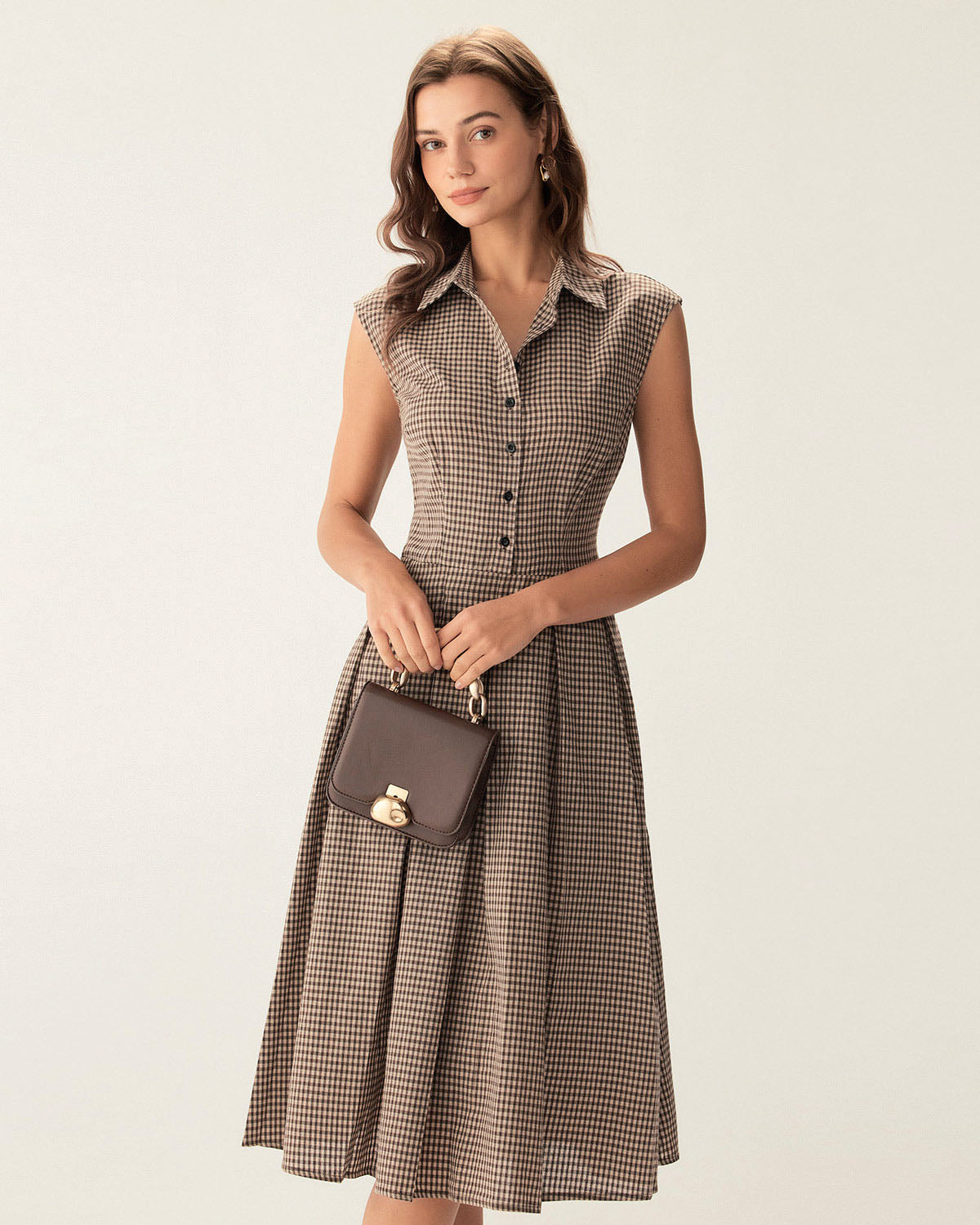 Noelle | Pleated Fit Brown Plaid Ladies Day Midi Dress