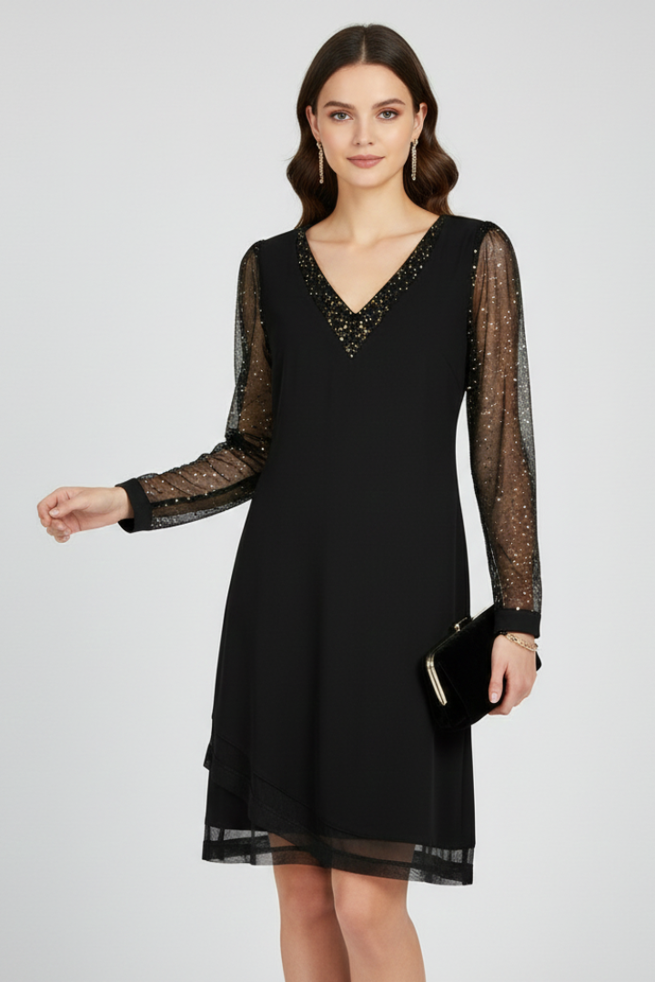 Philippa | Fitted V-Neck Dress with Sequin Sleeves