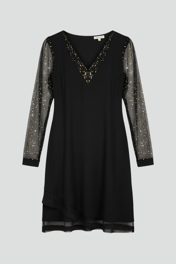 Philippa | Fitted V-Neck Dress with Sequin Sleeves