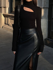 Roberta | Asymmetric Cutout Turtleneck Long Sleeve Top Concert Outfit