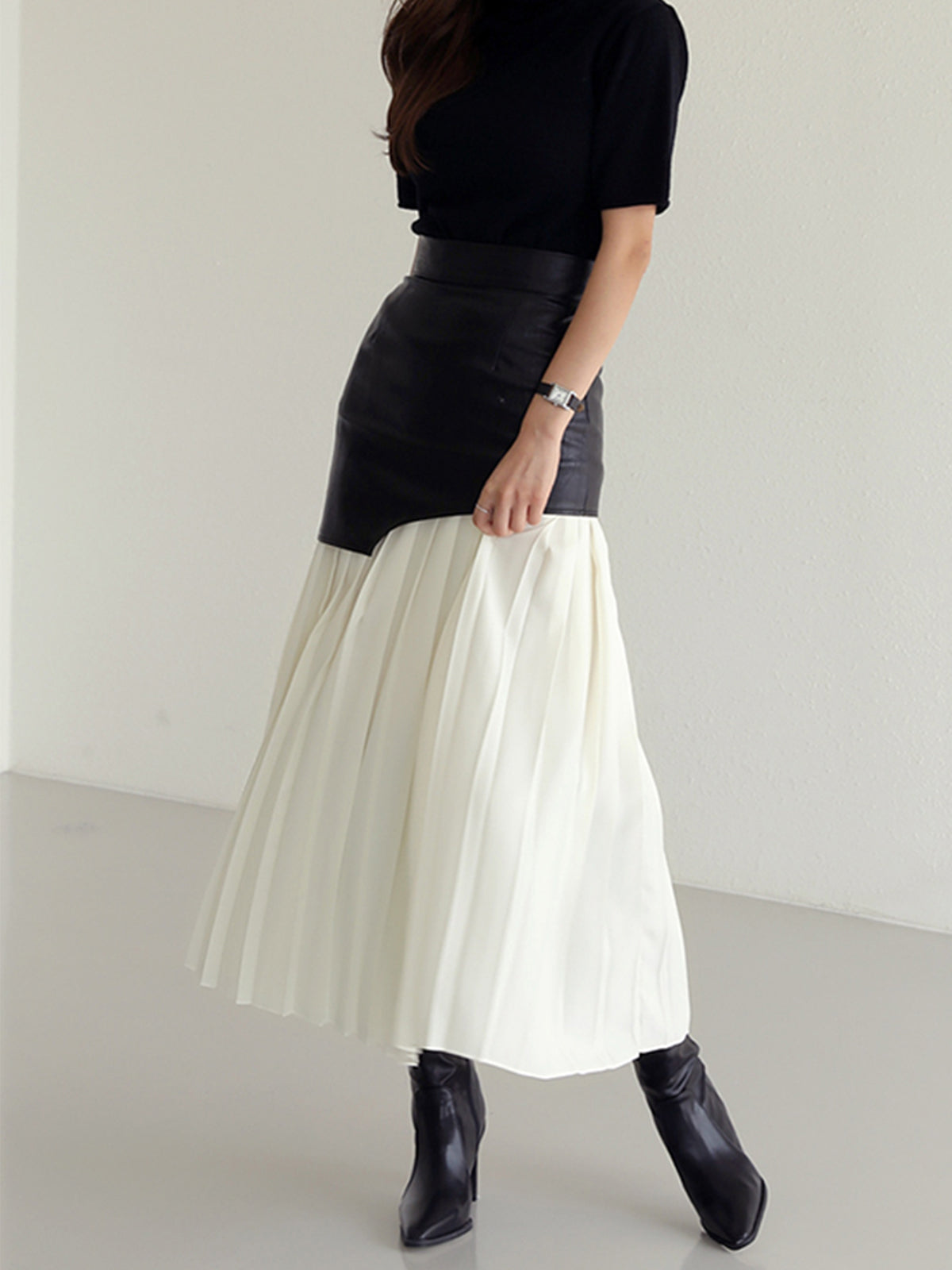 Rosalie | Asymmetric Pleated Faux Leather Maxi Skirt