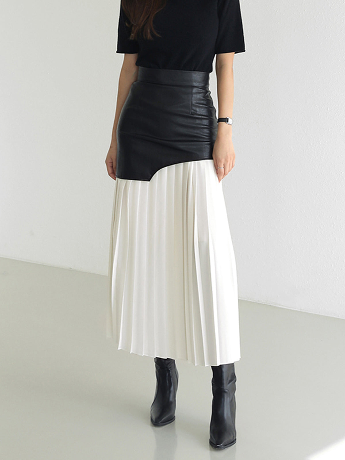 Rosalie | Asymmetric Pleated Faux Leather Maxi Skirt