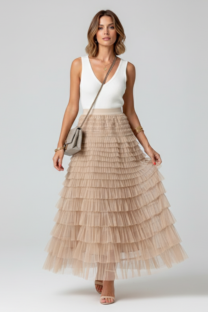 Sage | Layered Tulle Midi Skirt with Elastic Waist