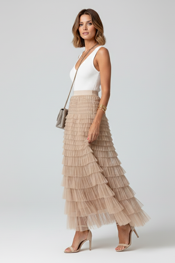 Sage | Layered Tulle Midi Skirt with Elastic Waist