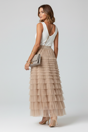 Sage | Layered Tulle Midi Skirt with Elastic Waist