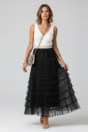 Sage | Layered Tulle Midi Skirt with Elastic Waist