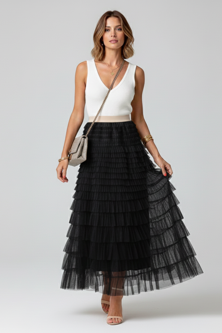 Sage | Layered Tulle Midi Skirt with Elastic Waist