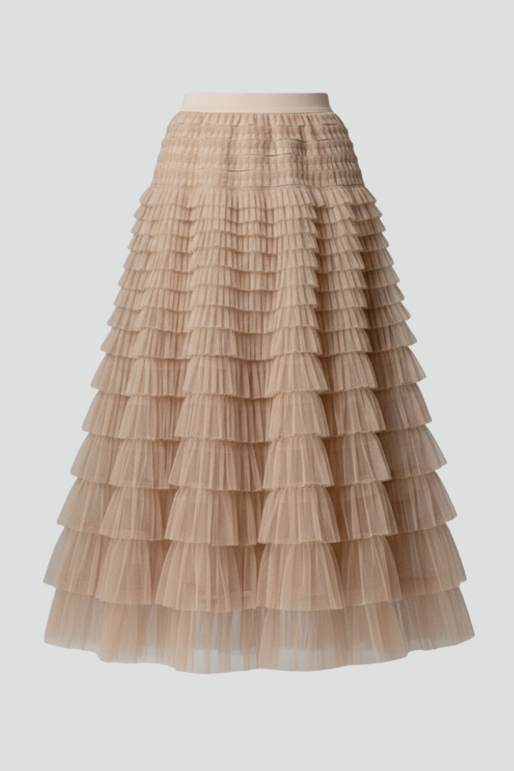 Sage | Layered Tulle Midi Skirt with Elastic Waist