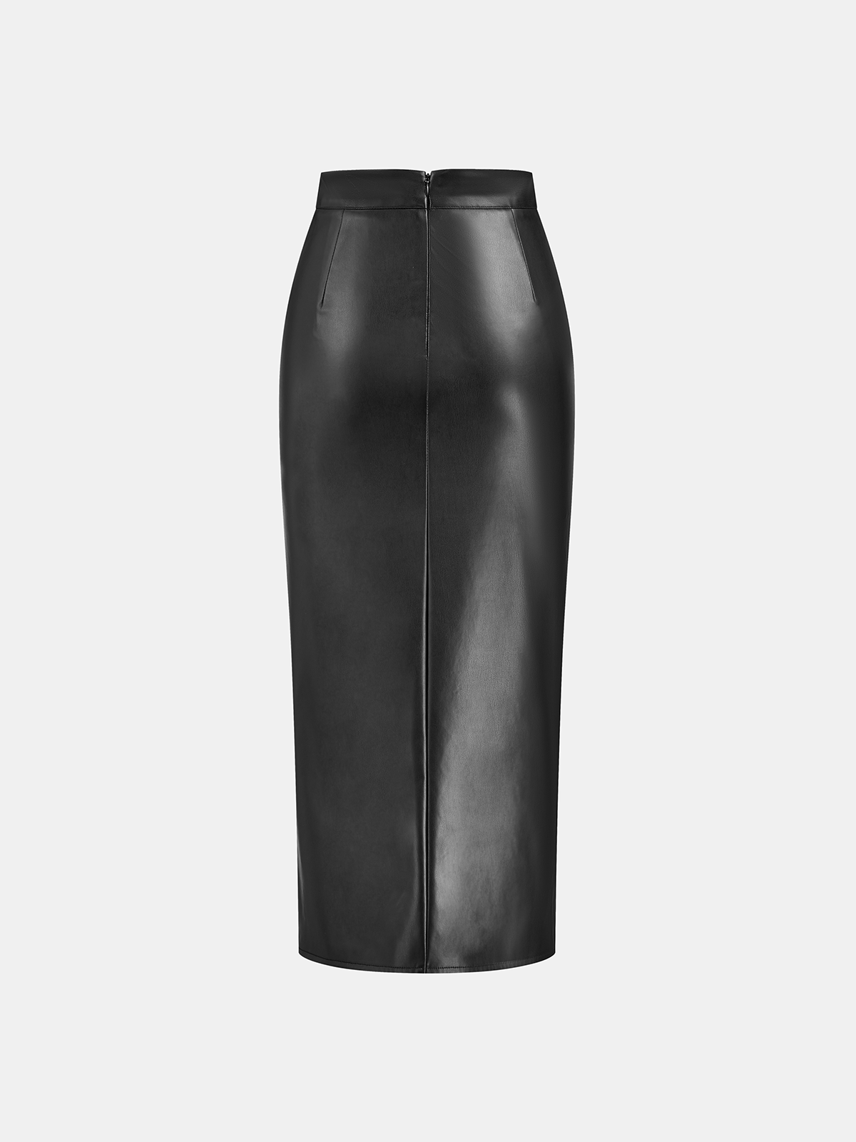Sara | Ruched Fit Slit PU Leather Midi Skirt