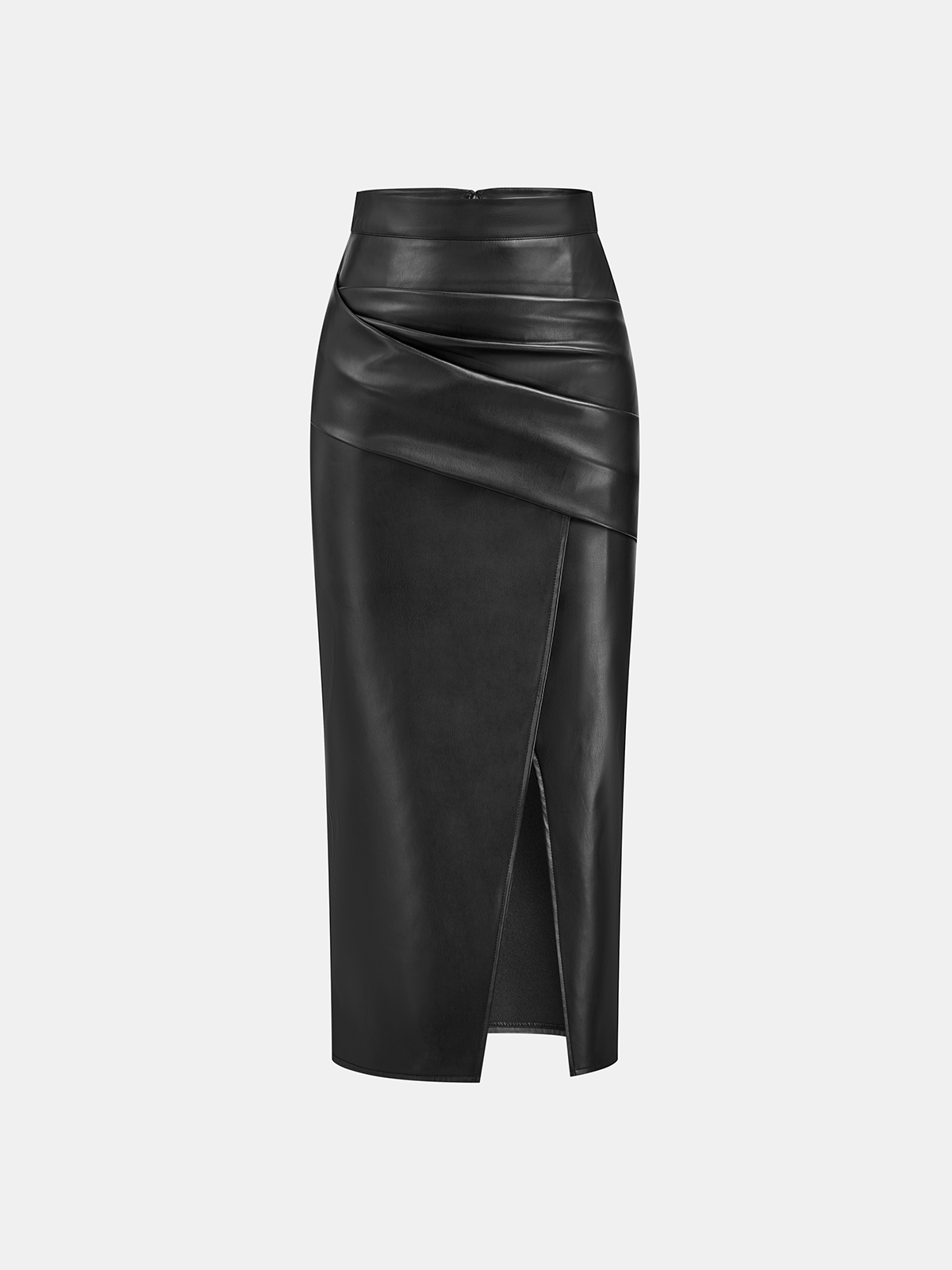 Sara | Ruched Fit Slit PU Leather Midi Skirt