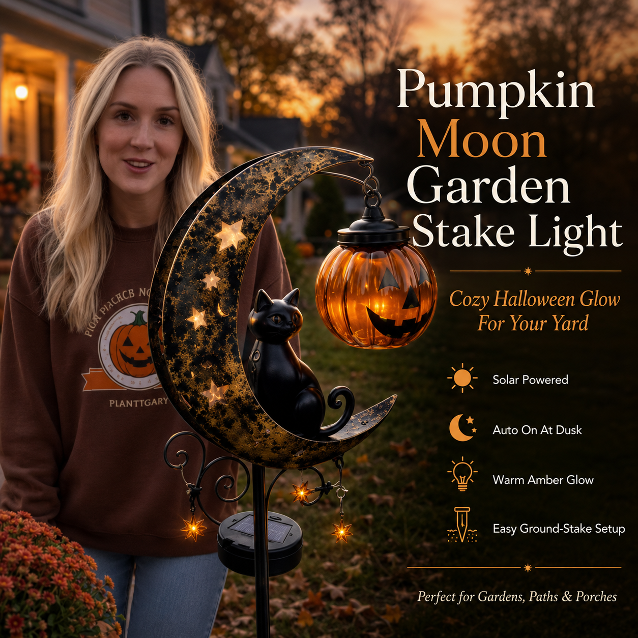Sheldon Solar Metal Garden Stake Light with Halloween Moon Design – Ideal for Yard or Porch