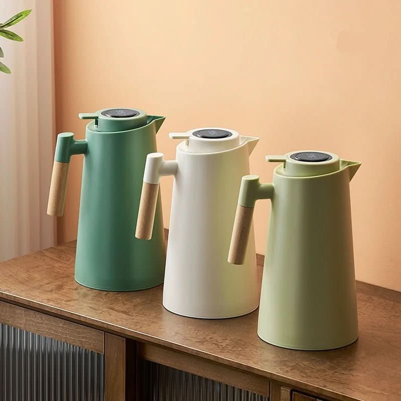 Stainless Steel Thermos Flask with Temperature Display and Wooden Handle – Ideal for Travel or Office