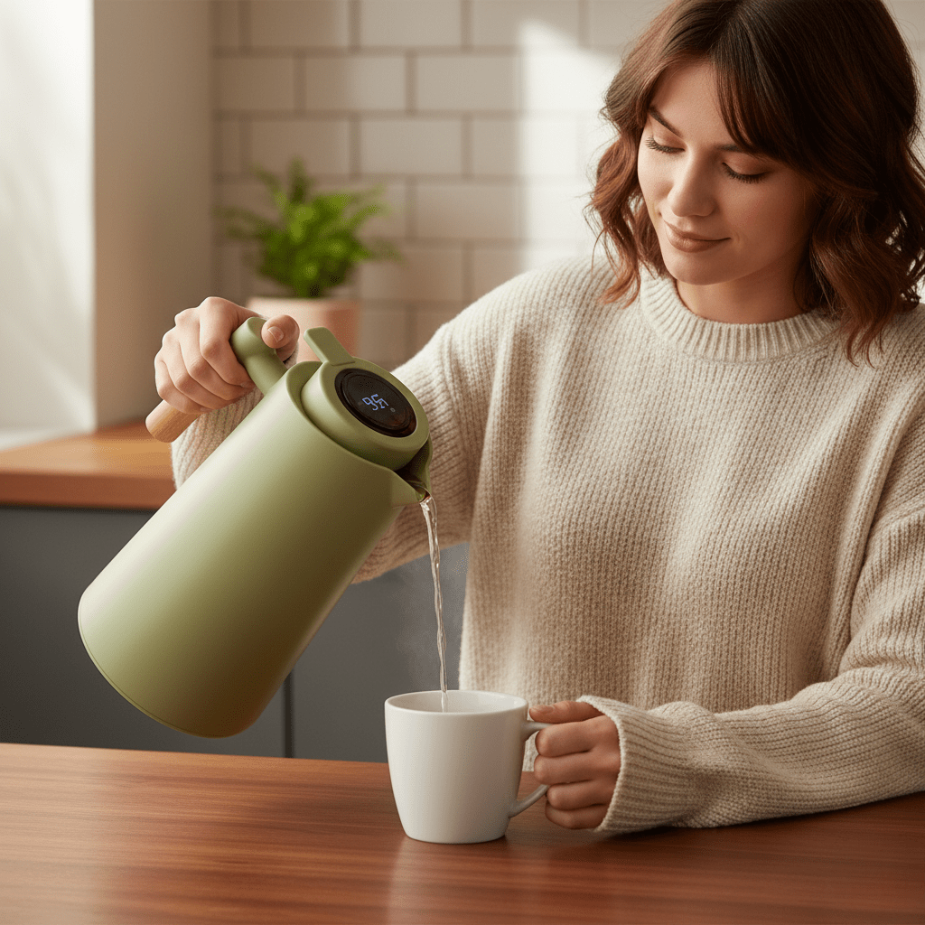 Stainless Steel Thermos Flask with Temperature Display and Wooden Handle – Ideal for Travel or Office