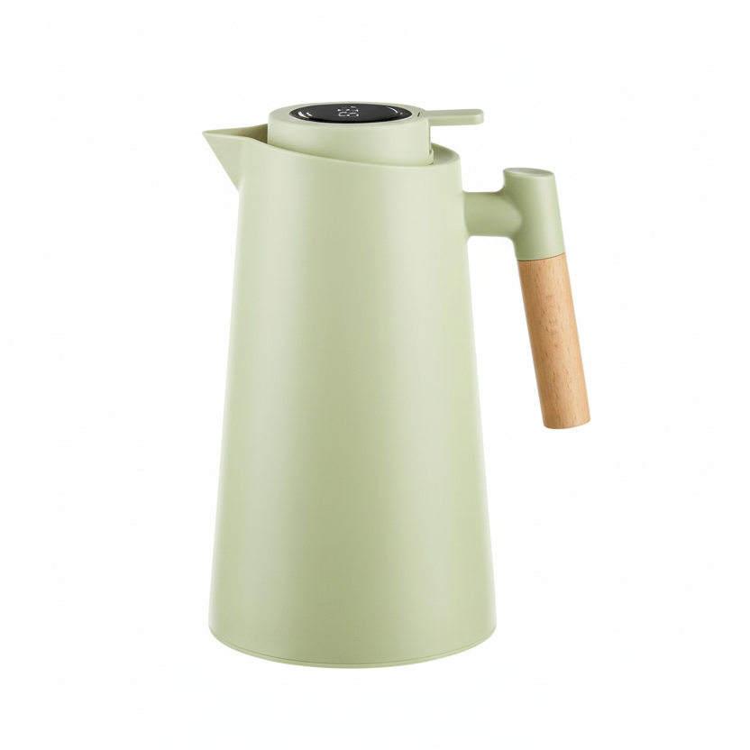 Stainless Steel Thermos Flask with Temperature Display and Wooden Handle – Ideal for Travel or Office
