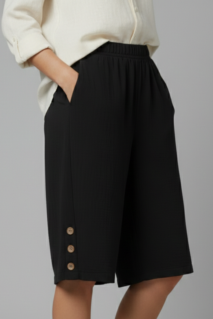Summer | Elastic Waist Wide Leg Button Shorts