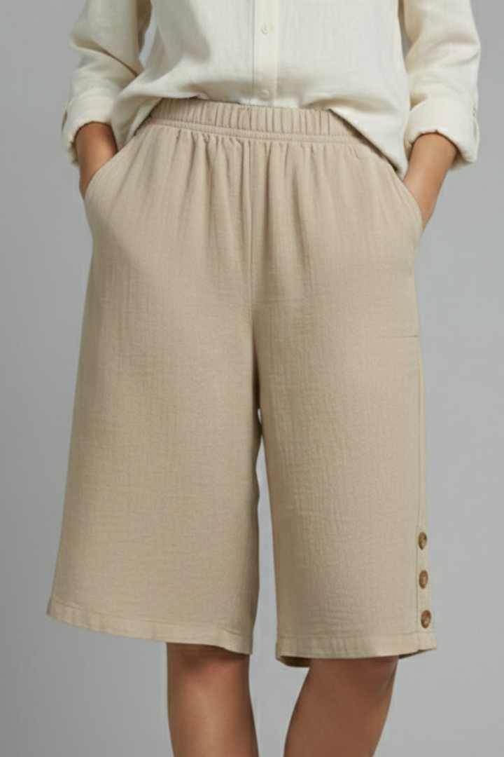 Summer | Elastic Waist Wide Leg Button Shorts