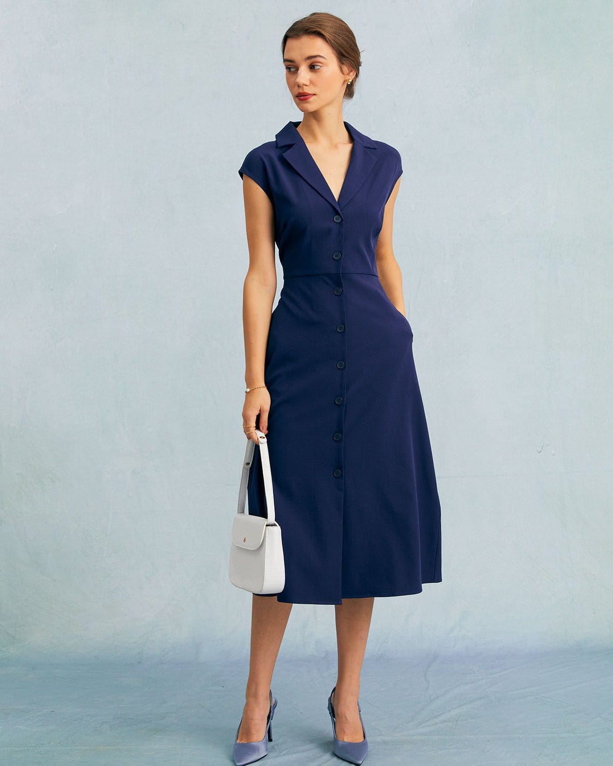 Moira | Regular Fit V Neck Button Cap Sleeve Summer Dress