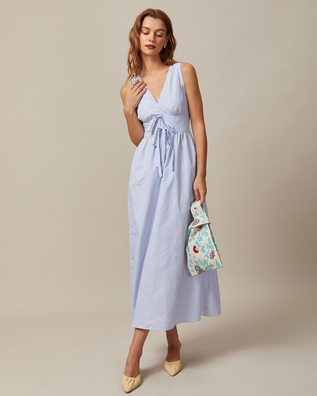 Thea | Shirred Fit V Neck Striped Maxi Dress