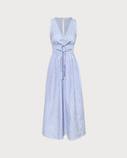 Thea | Shirred Fit V Neck Striped Maxi Dress