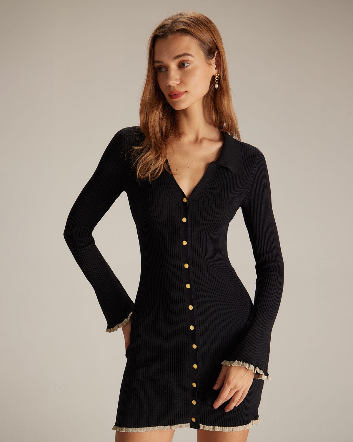 Yolanda | Fitted V Neck Contrast Trim Knit Mini Dress Concert Outfit