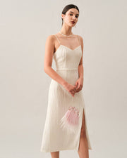 Yvette | Textured Pearl Strap Wedding Guest Midi Dress