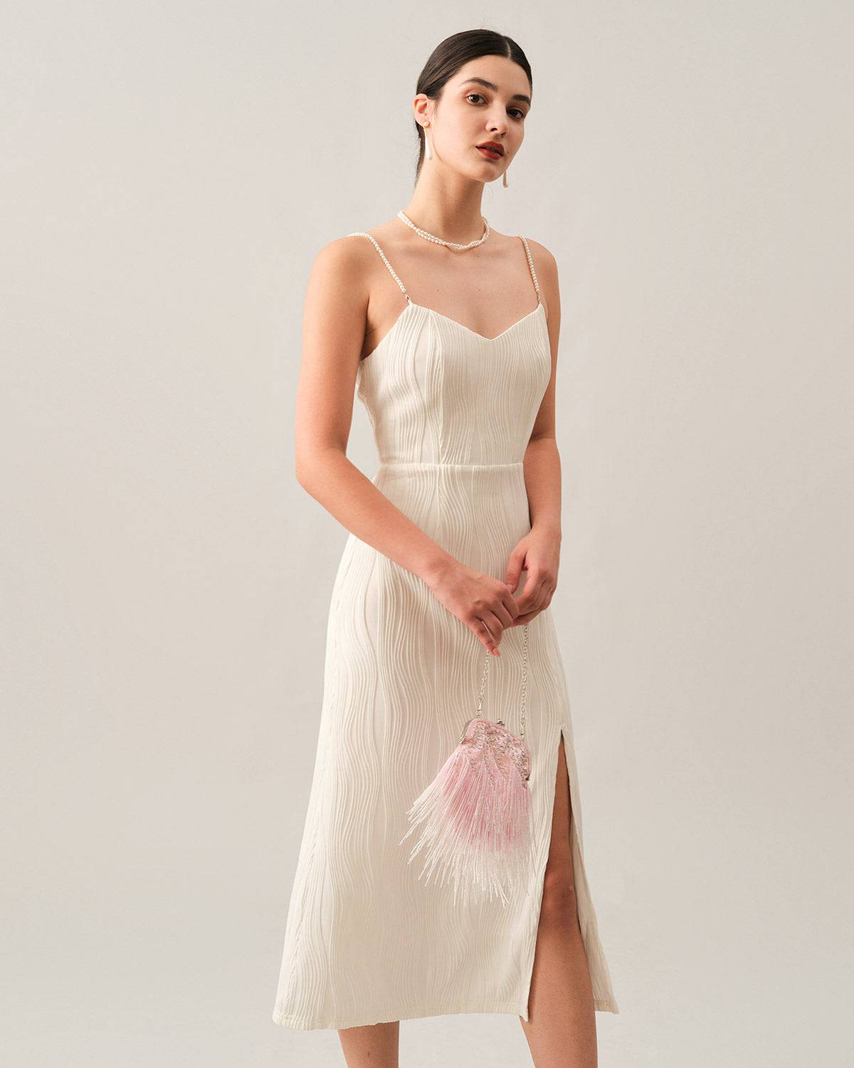 Yvette | Textured Pearl Strap Wedding Guest Midi Dress