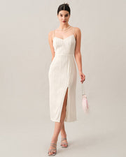 Yvette | Textured Pearl Strap Wedding Guest Midi Dress
